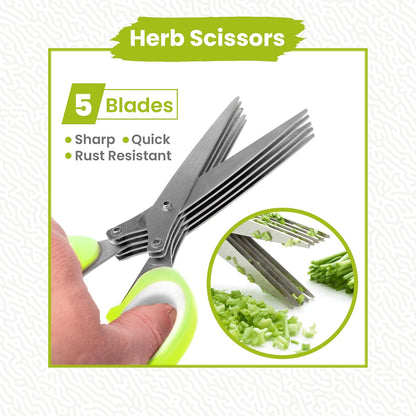 5-Blade Stainless Steel Herb Scissors with Cleaning Comb & Vegetable Peeler – Multi-Use Herb Cutter for Basil, Parsley, Cilantro & Kale