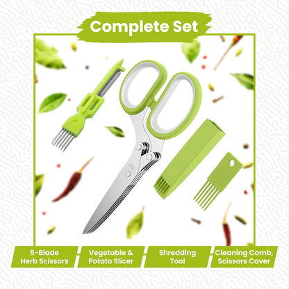 5-Blade Stainless Steel Herb Scissors with Cleaning Comb & Vegetable Peeler – Multi-Use Herb Cutter for Basil, Parsley, Cilantro & Kale