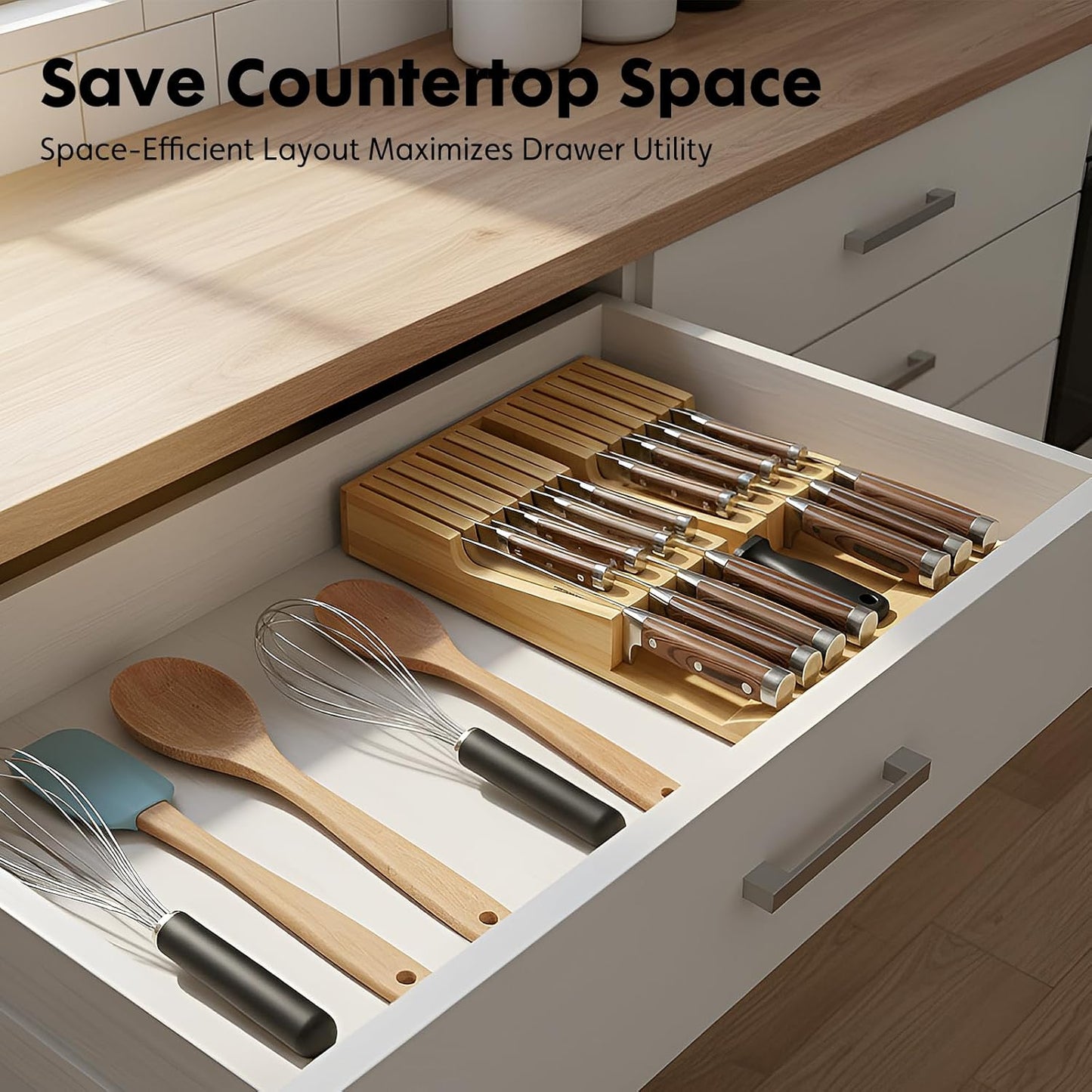Bamboo Kitchen Drawer Knife Holder, In-drawer Knife Block, Knife Drawer Organizer fit for 16 knives and 1 steel sharpening