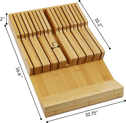 Bamboo Kitchen Drawer Knife Holder, In-drawer Knife Block, Knife Drawer Organizer fit for 16 knives and 1 steel sharpening
