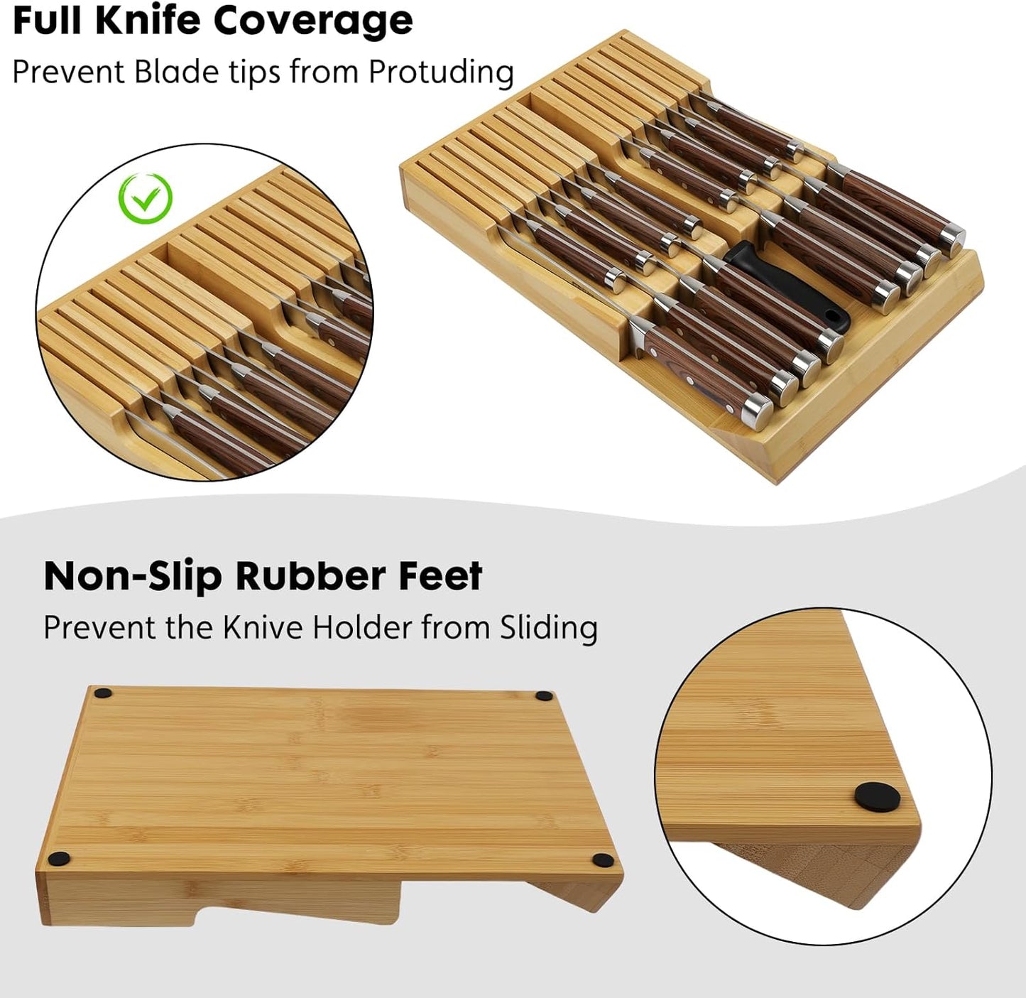 Bamboo Kitchen Drawer Knife Holder, In-drawer Knife Block, Knife Drawer Organizer fit for 16 knives and 1 steel sharpening