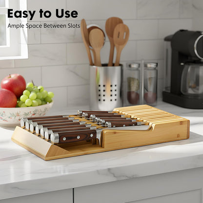 Bamboo Kitchen Drawer Knife Holder, In-drawer Knife Block, Knife Drawer Organizer fit for 16 knives and 1 steel sharpening
