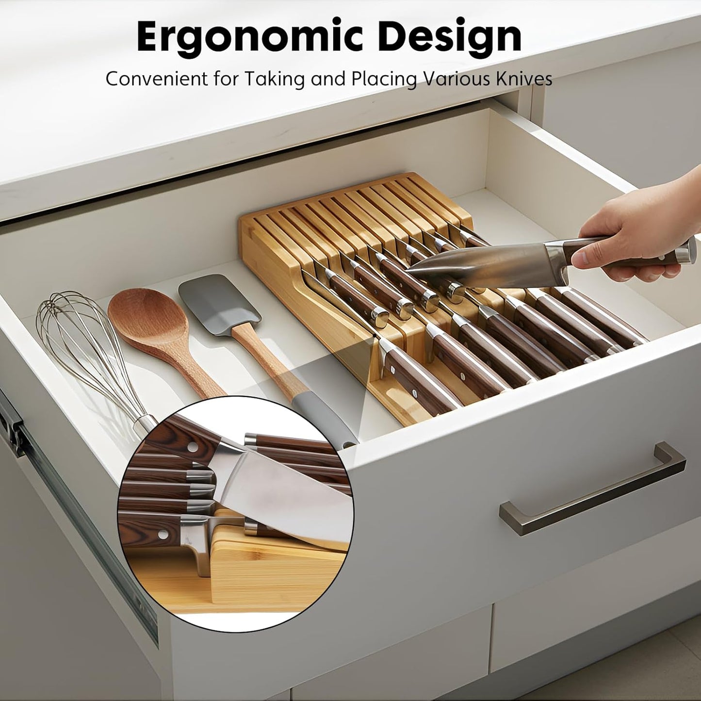 Bamboo Kitchen Drawer Knife Holder, In-drawer Knife Block, Knife Drawer Organizer fit for 16 knives and 1 steel sharpening
