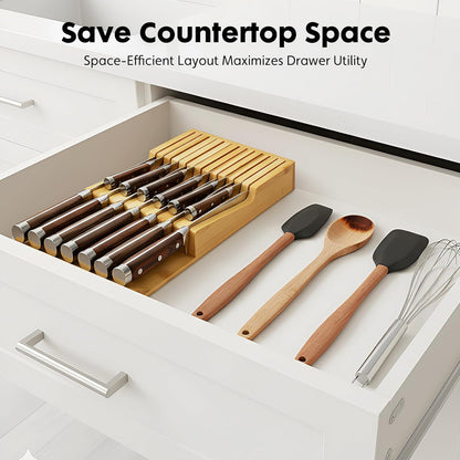 Bamboo Kitchen Drawer Knife Holder, In-drawer Knife Block, Knife Drawer Organizer fit for 16 knives and 1 steel sharpening