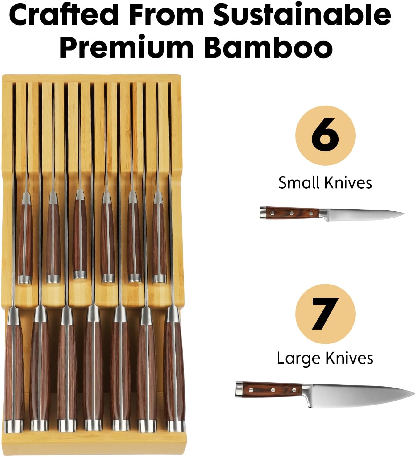 Bamboo Kitchen Drawer Knife Holder, In-drawer Knife Block, Knife Drawer Organizer fit for 16 knives and 1 steel sharpening