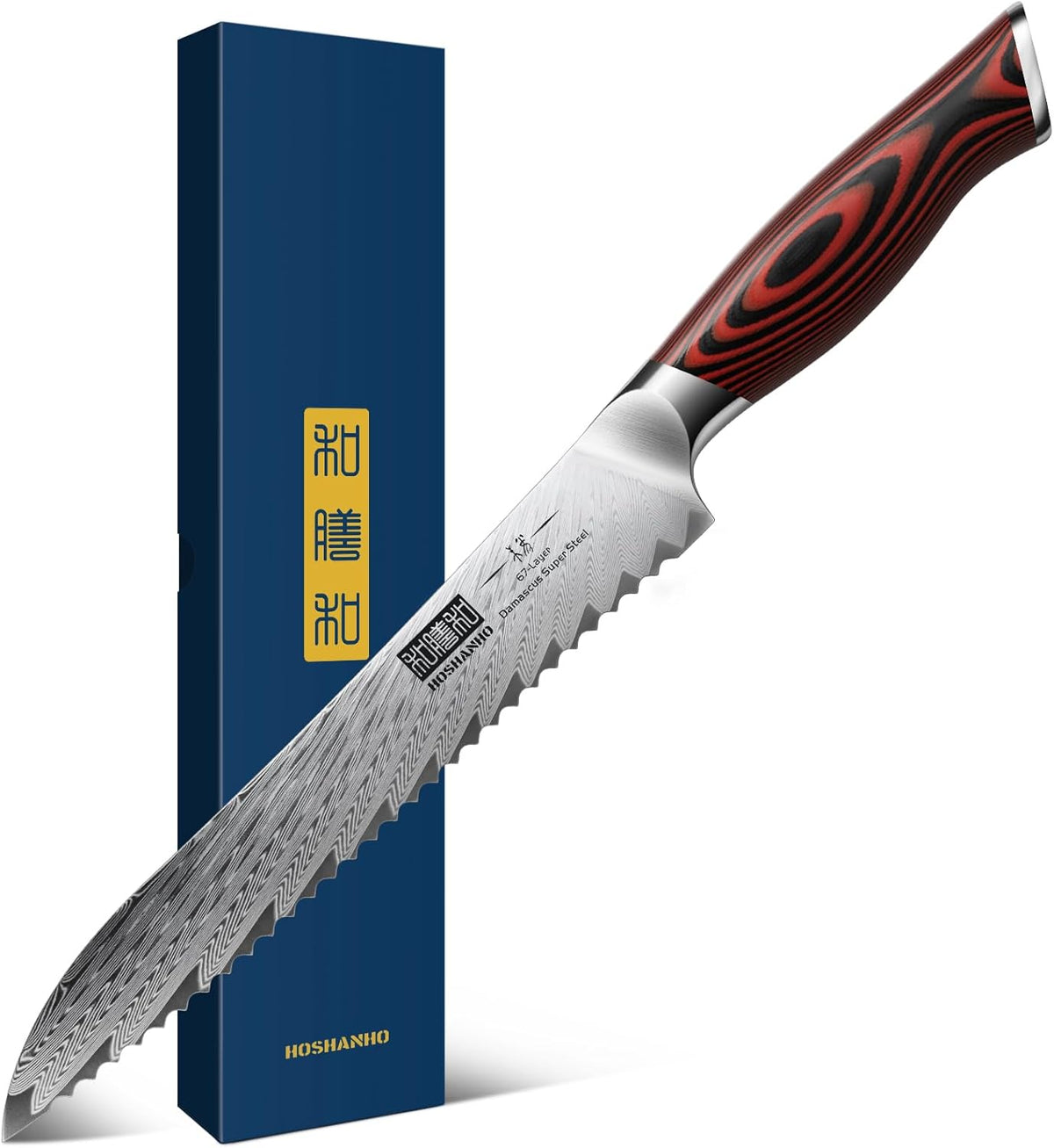 8" Damascus Bread Knife, Ultra Sharp Serrated Sourdough Knife | 67 Layers Damascus Steel, Ultra Sharp Bread Knife with Ergonomic G10 Handle, Professional Serrated Knife for Homemade Bread