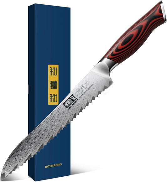 8" Damascus Bread Knife, Ultra Sharp Serrated Sourdough Knife | 67 Layers Damascus Steel, Ultra Sharp Bread Knife with Ergonomic G10 Handle, Professional Serrated Knife for Homemade Bread