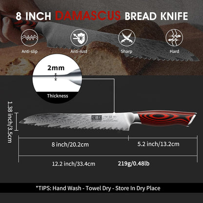8" Damascus Bread Knife, Ultra Sharp Serrated Sourdough Knife | 67 Layers Damascus Steel, Ultra Sharp Bread Knife with Ergonomic G10 Handle, Professional Serrated Knife for Homemade Bread