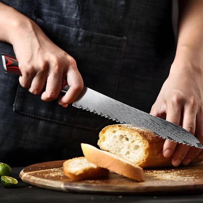 8" Damascus Bread Knife, Ultra Sharp Serrated Sourdough Knife | 67 Layers Damascus Steel, Ultra Sharp Bread Knife with Ergonomic G10 Handle, Professional Serrated Knife for Homemade Bread
