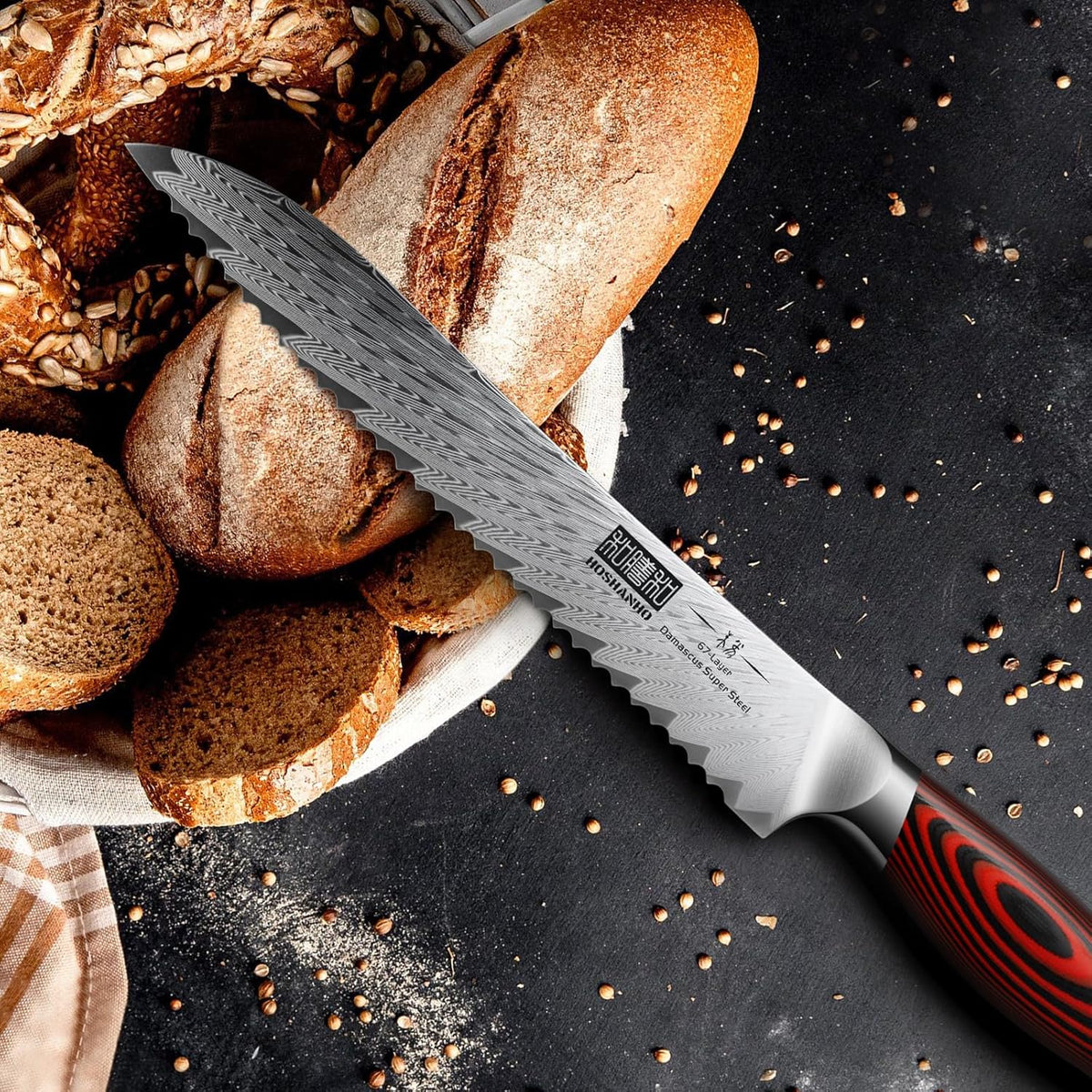 8" Damascus Bread Knife, Ultra Sharp Serrated Sourdough Knife | 67 Layers Damascus Steel, Ultra Sharp Bread Knife with Ergonomic G10 Handle, Professional Serrated Knife for Homemade Bread