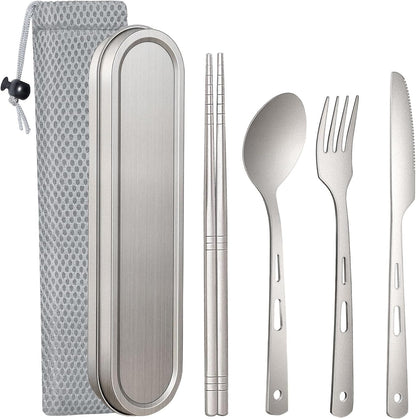 6Pcs Titanium Travel Cutlery Set Knife Fork Spoon Chopsticks with Case and Bag, Reusable and Portable Travel Utensils Ti Camping Flatware Set for Picnic, Hiking, Office, LunchBox, Backpacking
