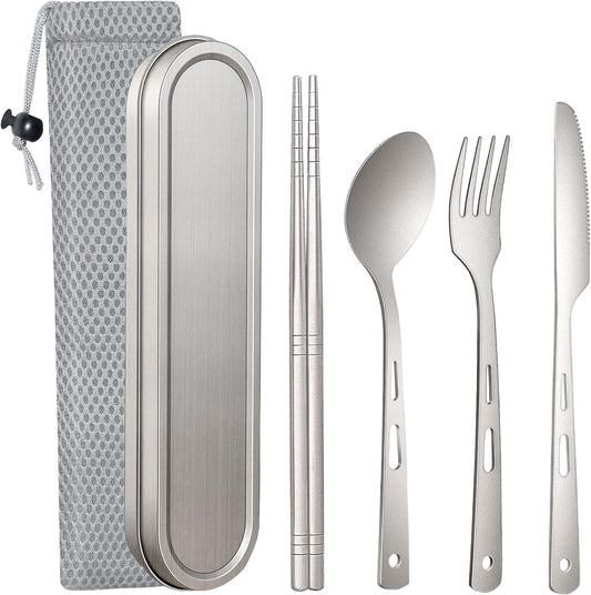 6Pcs Titanium Travel Cutlery Set Knife Fork Spoon Chopsticks with Case and Bag, Reusable and Portable Travel Utensils Ti Camping Flatware Set for Picnic, Hiking, Office, LunchBox, Backpacking