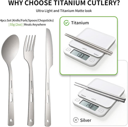 6Pcs Titanium Travel Cutlery Set Knife Fork Spoon Chopsticks with Case and Bag, Reusable and Portable Travel Utensils Ti Camping Flatware Set for Picnic, Hiking, Office, LunchBox, Backpacking