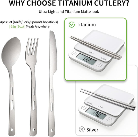 6Pcs Titanium Travel Cutlery Set Knife Fork Spoon Chopsticks with Case and Bag, Reusable and Portable Travel Utensils Ti Camping Flatware Set for Picnic, Hiking, Office, LunchBox, Backpacking