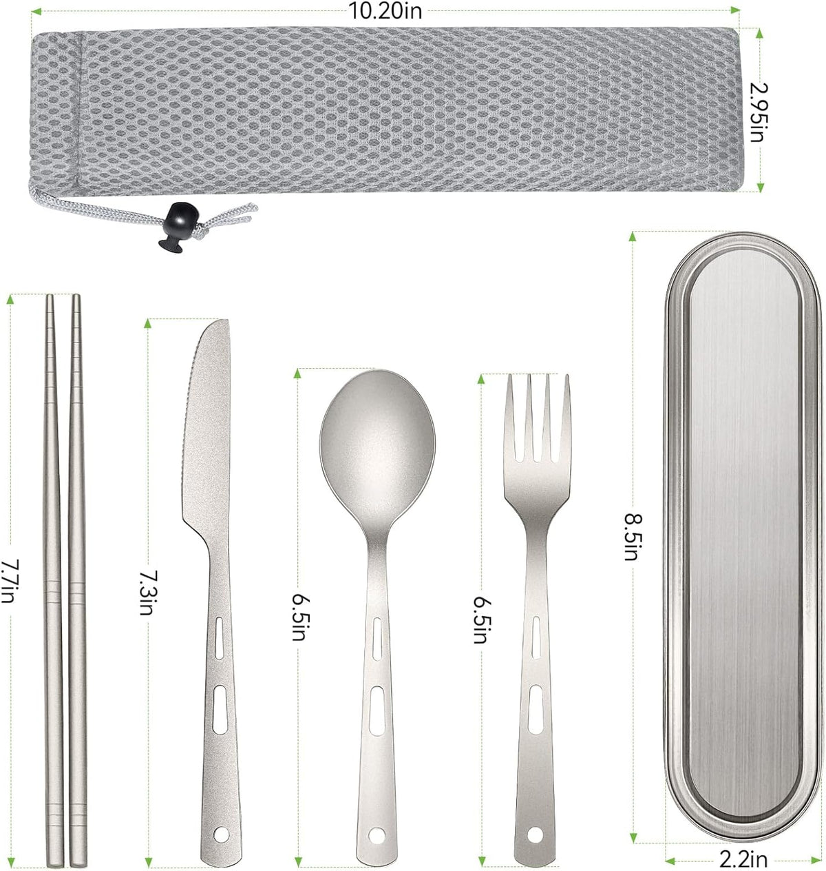 6Pcs Titanium Travel Cutlery Set Knife Fork Spoon Chopsticks with Case and Bag, Reusable and Portable Travel Utensils Ti Camping Flatware Set for Picnic, Hiking, Office, LunchBox, Backpacking