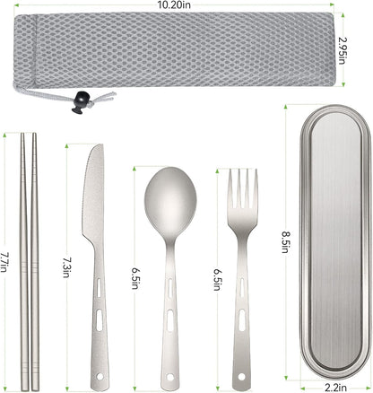 6Pcs Titanium Travel Cutlery Set Knife Fork Spoon Chopsticks with Case and Bag, Reusable and Portable Travel Utensils Ti Camping Flatware Set for Picnic, Hiking, Office, LunchBox, Backpacking
