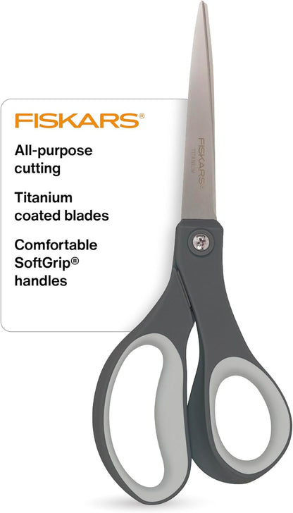 8" Everyday Titanium SoftGrip All Purpose Scissors for Office, Gray | Titanium Blades Stay Sharp Longer, Home, Arts & Crafts Scissors for Cutting Paper, Cardboard, Photos & More, Gray