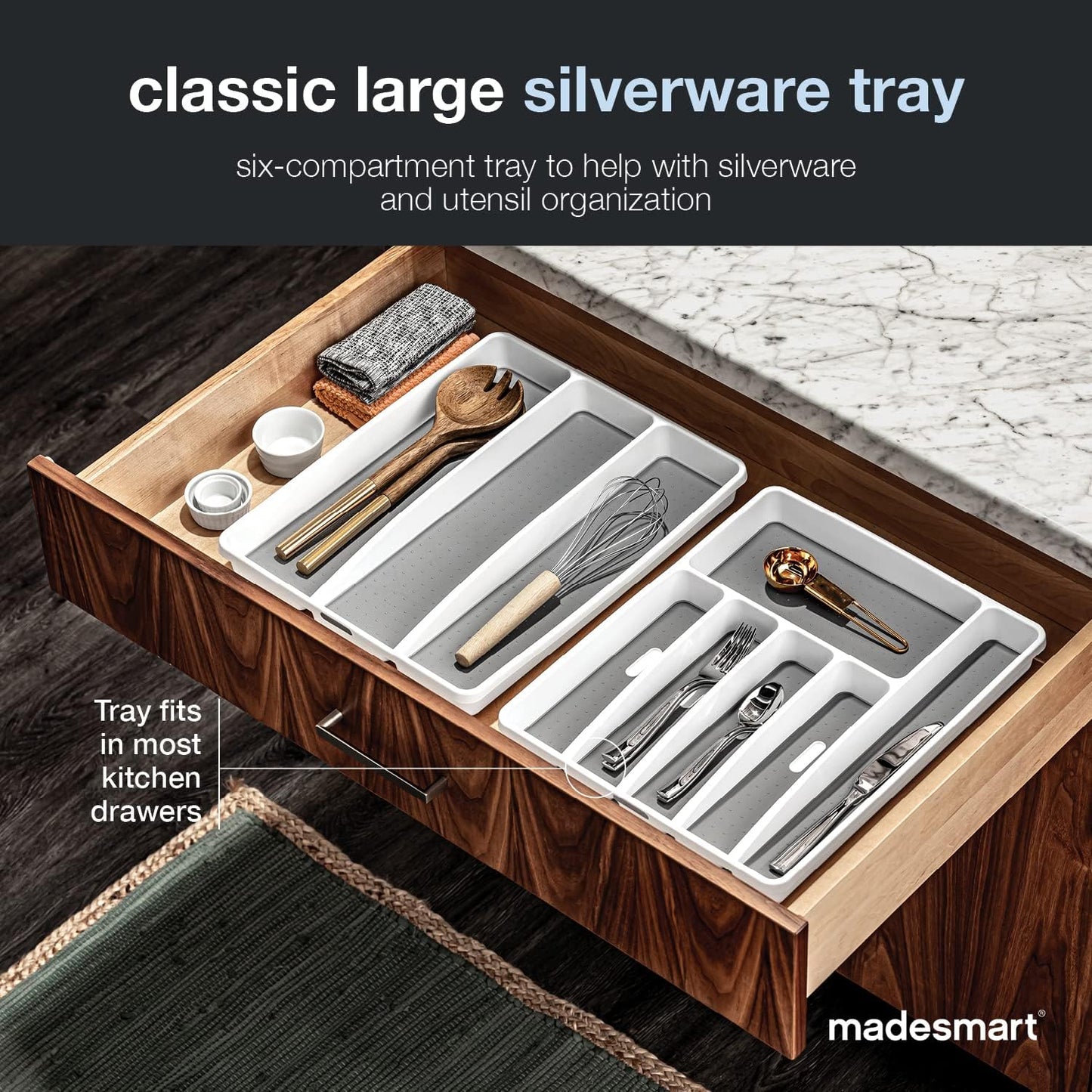 Classic Large Silverware Tray - White |CLASSIC COLLECTION | 6-Compartments| Kitchen Drawer Organizer | Soft-Grip Lining and Non-Slip Rubber Feet | BPA-Free