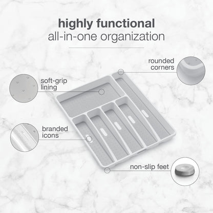 Classic Large Silverware Tray - White |CLASSIC COLLECTION | 6-Compartments| Kitchen Drawer Organizer | Soft-Grip Lining and Non-Slip Rubber Feet | BPA-Free