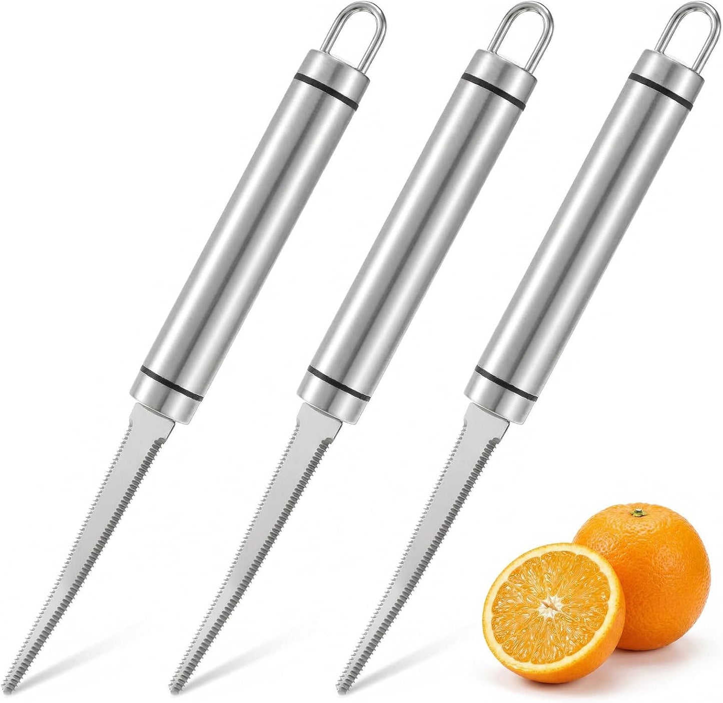 3Pcs Grapefruit Knife, Curved Serrated Blade Stainless Steel Grapefruit Utensil Knife Kitchen Tool Ergonomic Fruit Cutter with Non-stick Plating for Kiwi, Mango, Dessert, Citrus Easy to Hang