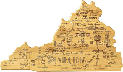 Destination Virginia State Shaped Cutting Board | State charcuterie serving board with engraved map artwork. Smooth reverse side for food prep. Hang tie for wall display.