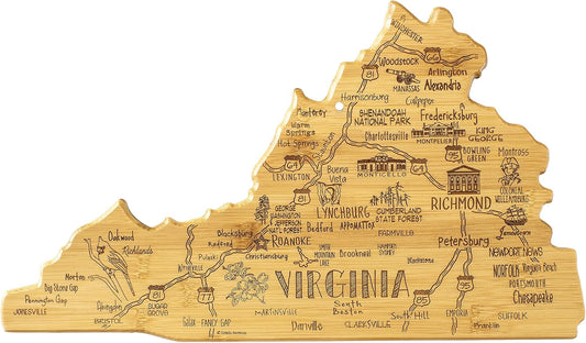 Destination Virginia State Shaped Cutting Board | State charcuterie serving board with engraved map artwork. Smooth reverse side for food prep. Hang tie for wall display.