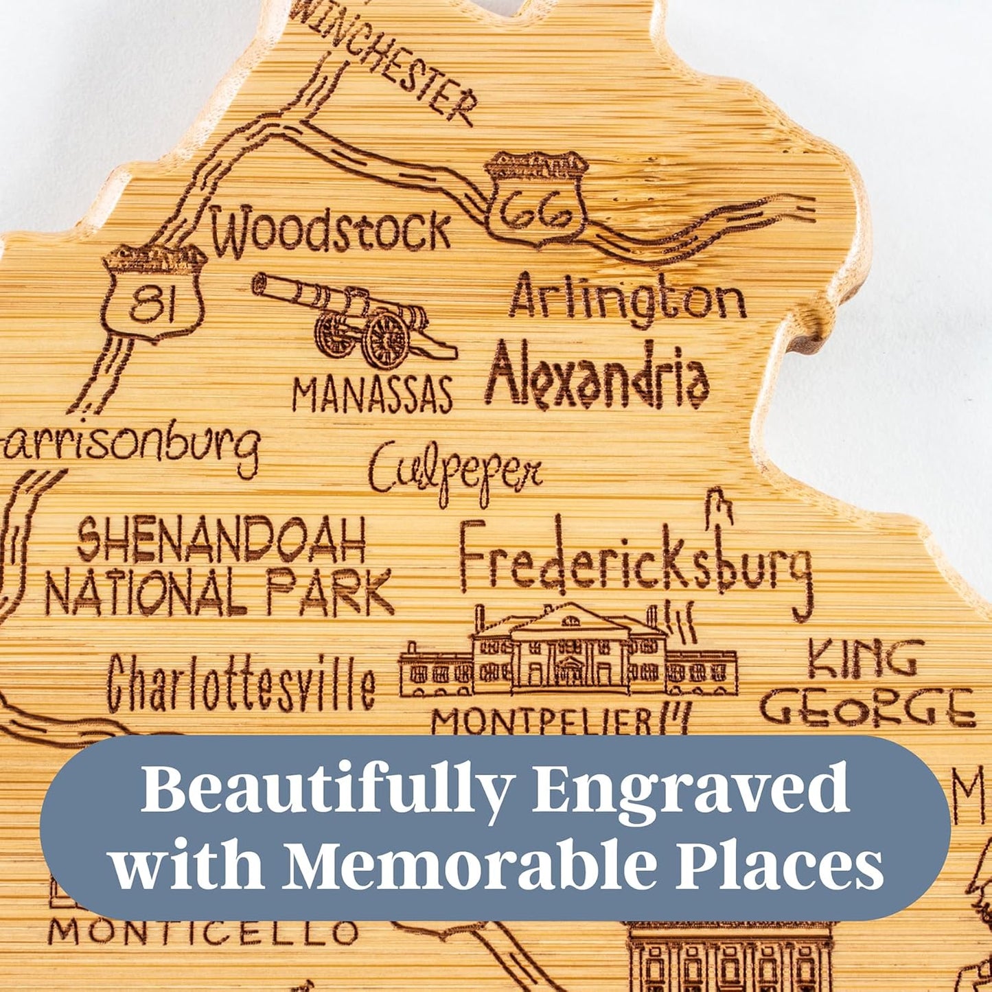 Destination Virginia State Shaped Cutting Board | State charcuterie serving board with engraved map artwork. Smooth reverse side for food prep. Hang tie for wall display.