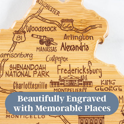 Destination Virginia State Shaped Cutting Board | State charcuterie serving board with engraved map artwork. Smooth reverse side for food prep. Hang tie for wall display.