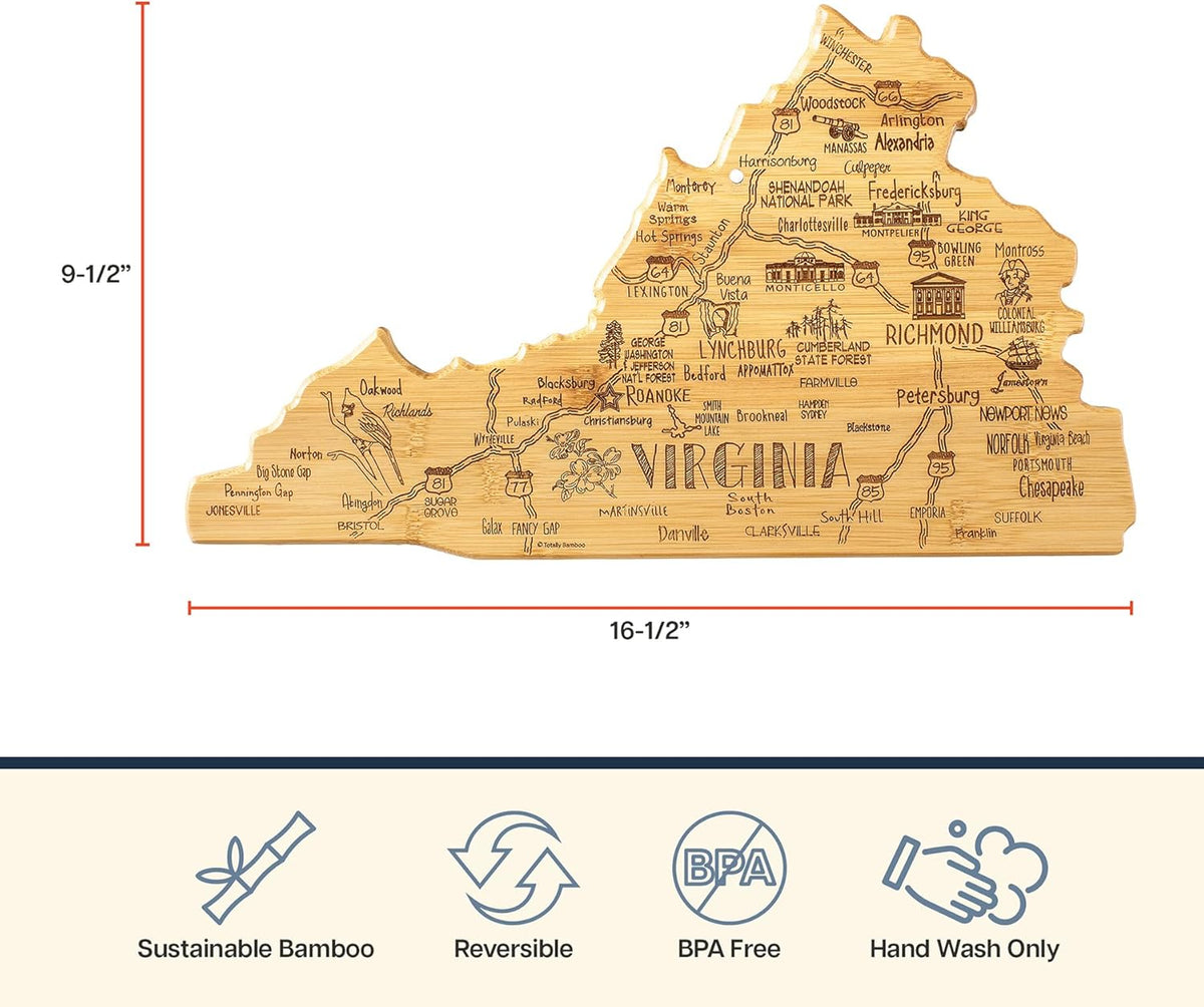 Destination Virginia State Shaped Cutting Board | State charcuterie serving board with engraved map artwork. Smooth reverse side for food prep. Hang tie for wall display.