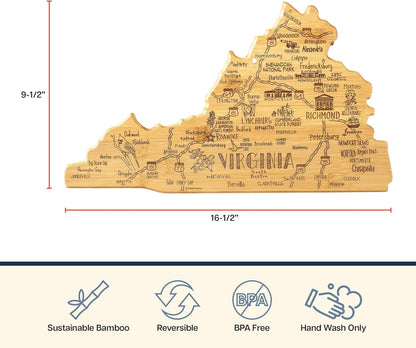 Destination Virginia State Shaped Cutting Board | State charcuterie serving board with engraved map artwork. Smooth reverse side for food prep. Hang tie for wall display.