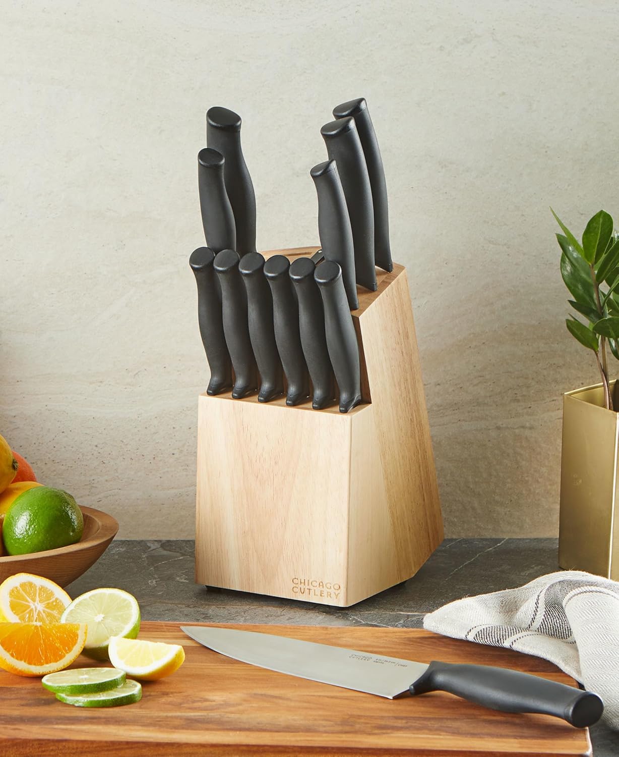Belmont (13-PC) Kitchen Knife Block Set with Steak Knives and Wooden Block, Polymer Ergonomic Handles and Sharp Stainless Steel Professional Chef Knife Set