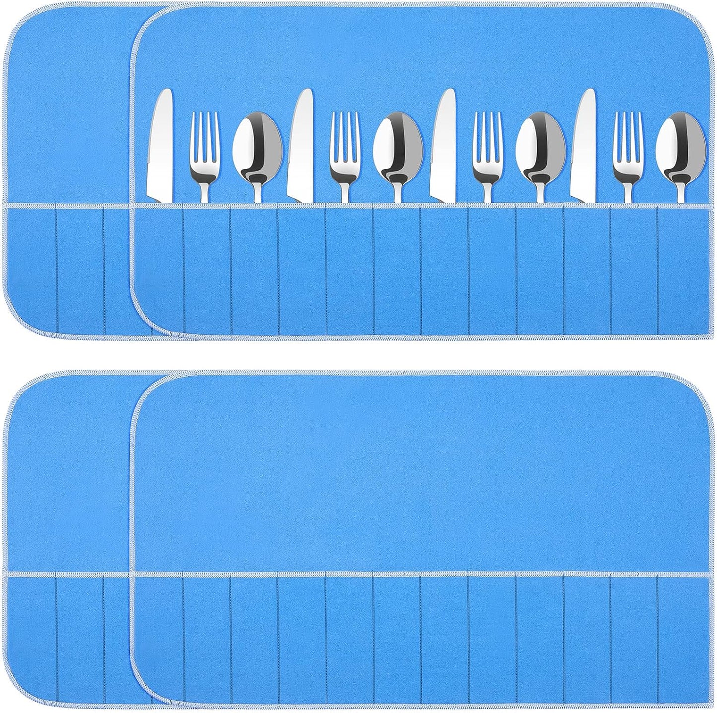 4 Pieces Silver Storage Bags Anti Tarnish Silver Protector Bags Blue Holder for Silverware Flatware Storage Organizer Cloth Place Setting Roll with White Ribbon for Kitchen Utensils