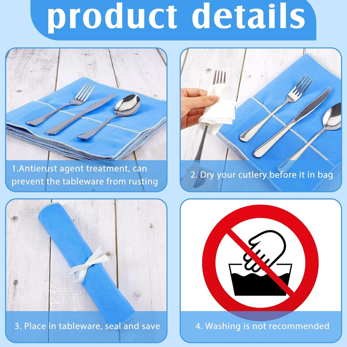 4 Pieces Silver Storage Bags Anti Tarnish Silver Protector Bags Blue Holder for Silverware Flatware Storage Organizer Cloth Place Setting Roll with White Ribbon for Kitchen Utensils