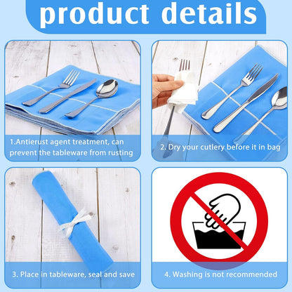 4 Pieces Silver Storage Bags Anti Tarnish Silver Protector Bags Blue Holder for Silverware Flatware Storage Organizer Cloth Place Setting Roll with White Ribbon for Kitchen Utensils