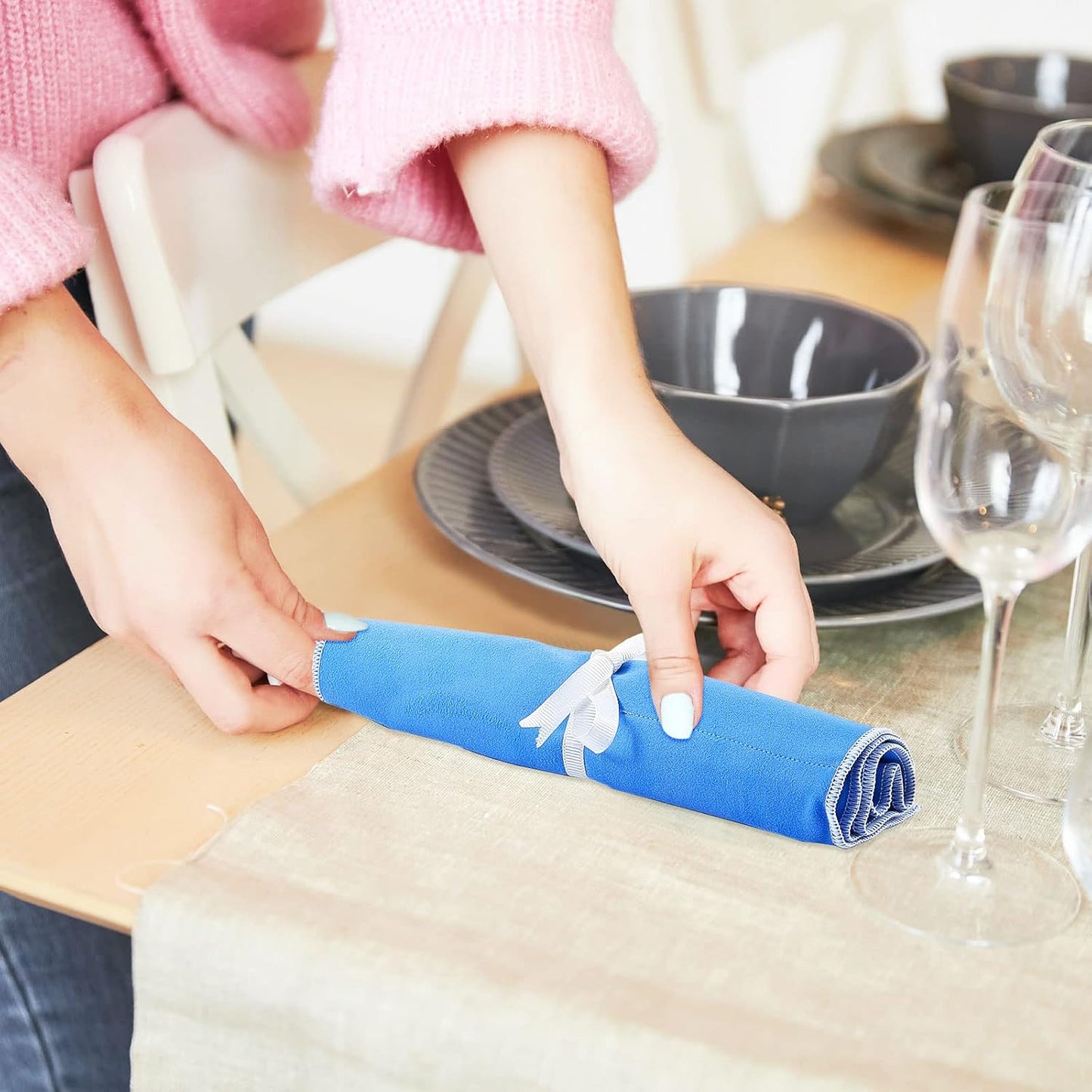 4 Pieces Silver Storage Bags Anti Tarnish Silver Protector Bags Blue Holder for Silverware Flatware Storage Organizer Cloth Place Setting Roll with White Ribbon for Kitchen Utensils