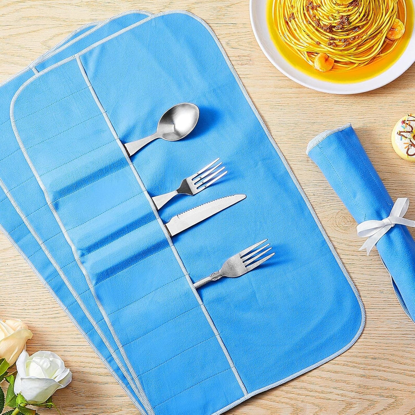 4 Pieces Silver Storage Bags Anti Tarnish Silver Protector Bags Blue Holder for Silverware Flatware Storage Organizer Cloth Place Setting Roll with White Ribbon for Kitchen Utensils