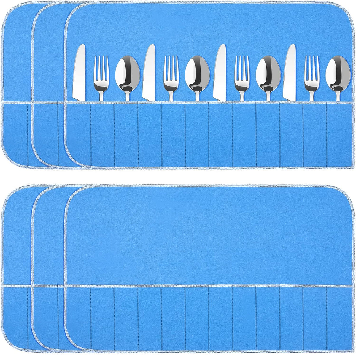 4 Pieces Silver Storage Bags Anti Tarnish Silver Protector Bags Blue Holder for Silverware Flatware Storage Organizer Cloth Place Setting Roll with White Ribbon for Kitchen Utensils