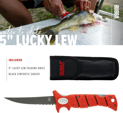 5 Inch Lucky Lew Folding Compact Fillet Knife with Non-Slip Grip Handle, Stainless Steel Blade, Lanyard Hole and Synthetic Carry Case for Gutting, Fishing and Hunting