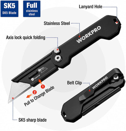 EDC Folding Utility Knife, Mini Box Cutter with Quick Open Axis Lock, Quick Change Blade Razor Knife, Foldable Small Pocket Knife with Belt Clip