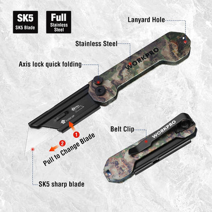 EDC Folding Utility Knife, Mini Box Cutter with Quick Open Axis Lock, Quick Change Blade Razor Knife, Foldable Small Pocket Knife with Belt Clip
