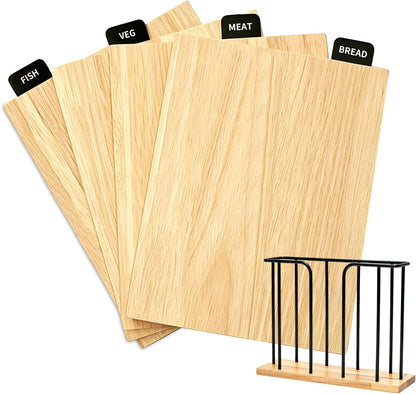 4-Piece Labeled Wood Cutting Board Set with Stand, Chopping ＆ Charcuterie | Easy Stroage ＆ Quick-Drying, Non-Toxic Solid Wood Chopping Boards Perfect for Kitchen, RV & Buffet, Safe & Durable Choice