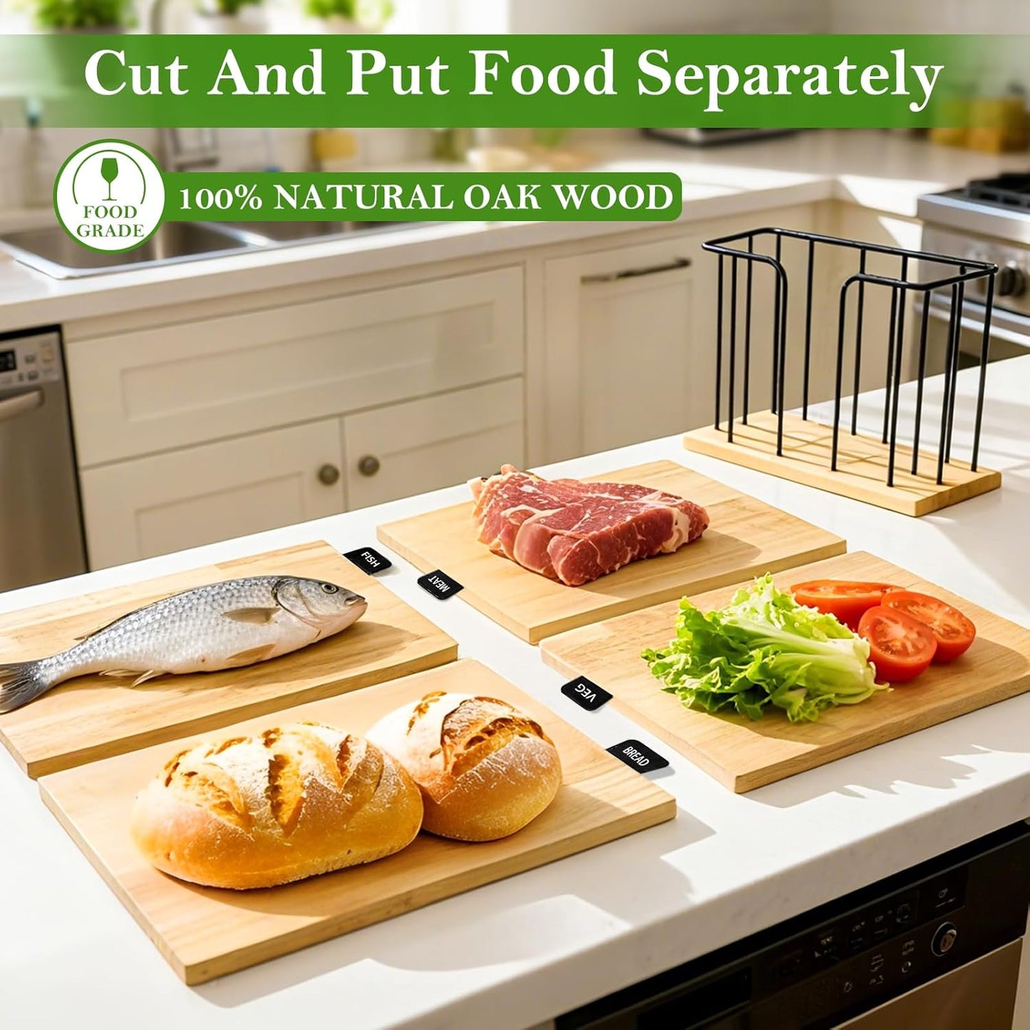 4-Piece Labeled Wood Cutting Board Set with Stand, Chopping ＆ Charcuterie | Easy Stroage ＆ Quick-Drying, Non-Toxic Solid Wood Chopping Boards Perfect for Kitchen, RV & Buffet, Safe & Durable Choice