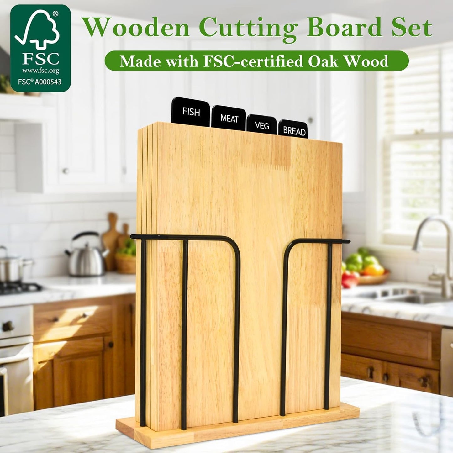 4-Piece Labeled Wood Cutting Board Set with Stand, Chopping ＆ Charcuterie | Easy Stroage ＆ Quick-Drying, Non-Toxic Solid Wood Chopping Boards Perfect for Kitchen, RV & Buffet, Safe & Durable Choice
