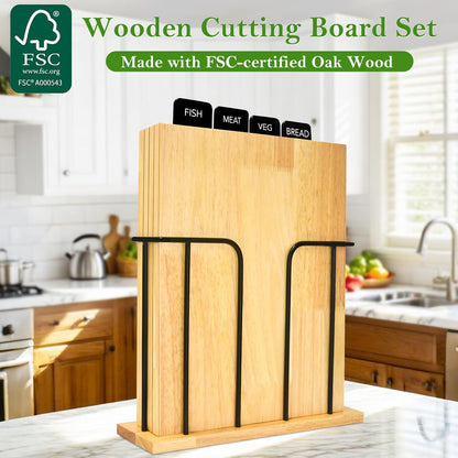 4-Piece Labeled Wood Cutting Board Set with Stand, Chopping ＆ Charcuterie | Easy Stroage ＆ Quick-Drying, Non-Toxic Solid Wood Chopping Boards Perfect for Kitchen, RV & Buffet, Safe & Durable Choice