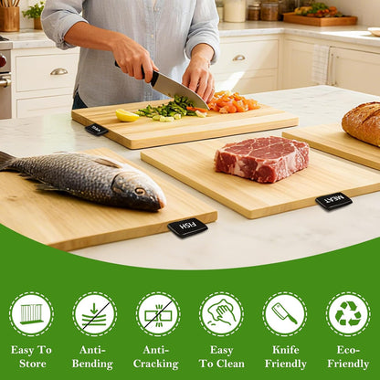 4-Piece Labeled Wood Cutting Board Set with Stand, Chopping ＆ Charcuterie | Easy Stroage ＆ Quick-Drying, Non-Toxic Solid Wood Chopping Boards Perfect for Kitchen, RV & Buffet, Safe & Durable Choice