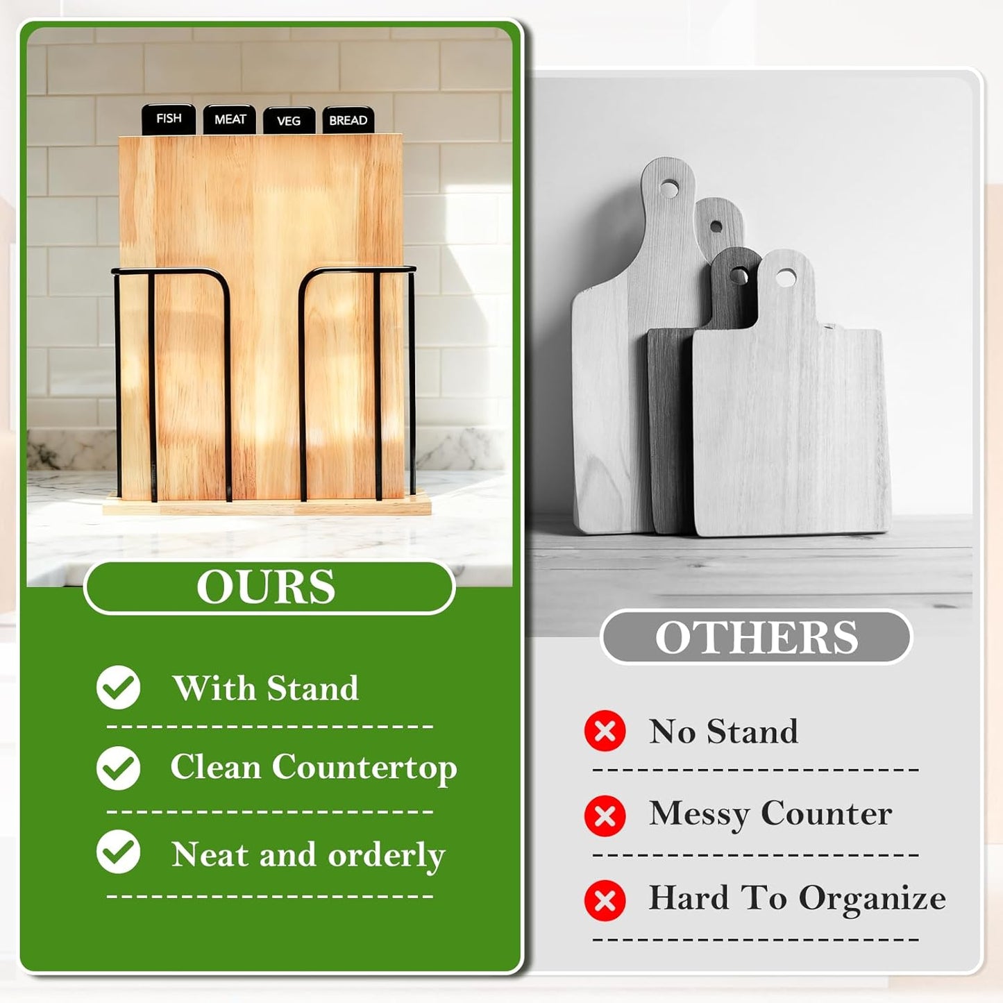 4-Piece Labeled Wood Cutting Board Set with Stand, Chopping ＆ Charcuterie | Easy Stroage ＆ Quick-Drying, Non-Toxic Solid Wood Chopping Boards Perfect for Kitchen, RV & Buffet, Safe & Durable Choice