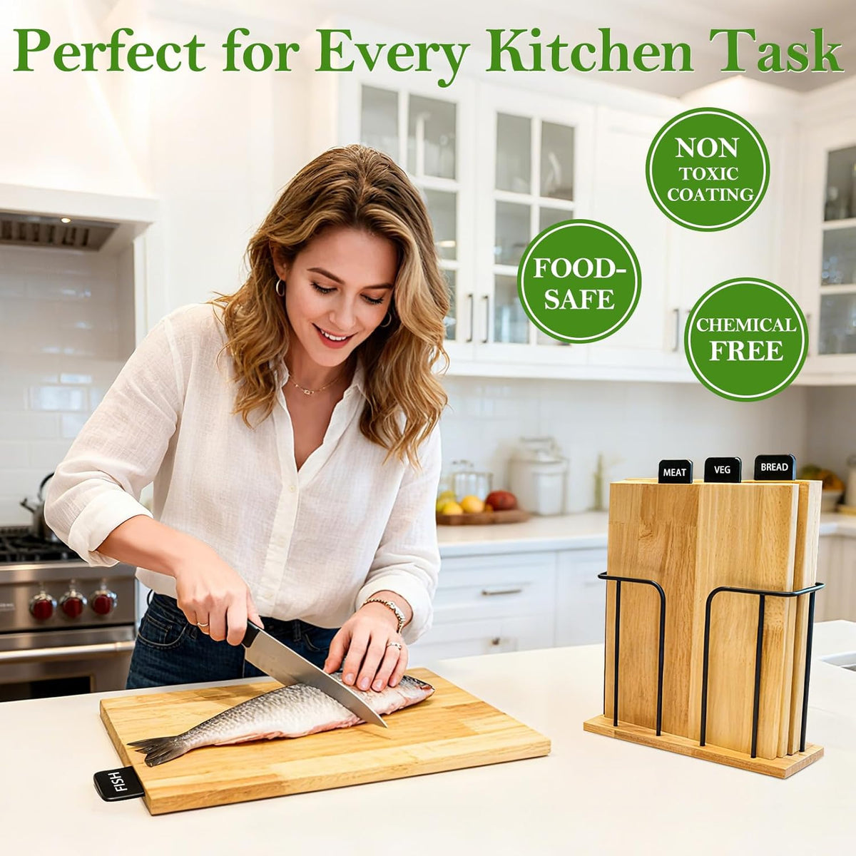 4-Piece Labeled Wood Cutting Board Set with Stand, Chopping ＆ Charcuterie | Easy Stroage ＆ Quick-Drying, Non-Toxic Solid Wood Chopping Boards Perfect for Kitchen, RV & Buffet, Safe & Durable Choice