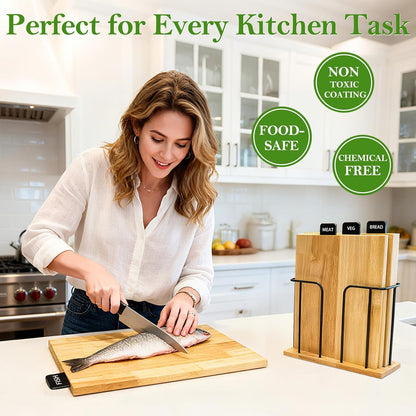 4-Piece Labeled Wood Cutting Board Set with Stand, Chopping ＆ Charcuterie | Easy Stroage ＆ Quick-Drying, Non-Toxic Solid Wood Chopping Boards Perfect for Kitchen, RV & Buffet, Safe & Durable Choice