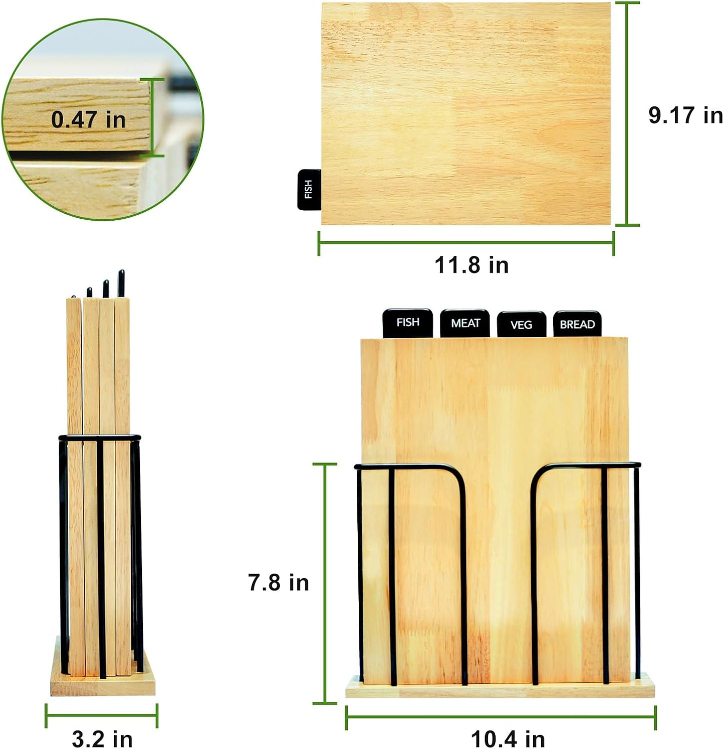 4-Piece Labeled Wood Cutting Board Set with Stand, Chopping ＆ Charcuterie | Easy Stroage ＆ Quick-Drying, Non-Toxic Solid Wood Chopping Boards Perfect for Kitchen, RV & Buffet, Safe & Durable Choice