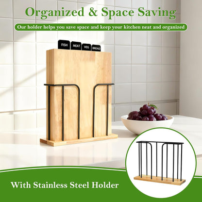 4-Piece Labeled Wood Cutting Board Set with Stand, Chopping ＆ Charcuterie | Easy Stroage ＆ Quick-Drying, Non-Toxic Solid Wood Chopping Boards Perfect for Kitchen, RV & Buffet, Safe & Durable Choice